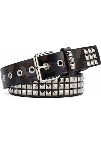 Kamuflaj Perçin Kemer Unisex Moda Gündelik All-Maç Kot Aksesuarları Kuşak Goth Retro Punk Hip Hop Y2K Kız Bel Bandı Renk: Kahverengi/kemer Uzunluğu: 110CM (Yurt Dışından)