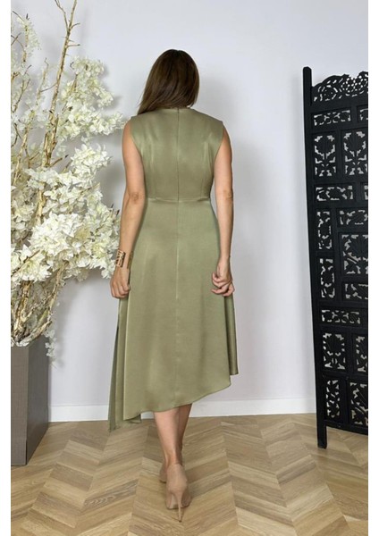 G1454 Kruvaze Yaka Düğme Detaylı Saten Elbise Haki fiyatları