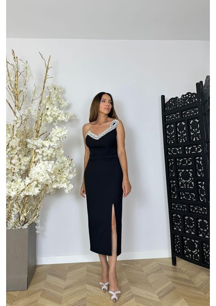 G1459 Taş Detaylı Tasarım Abiye Elbiye Siyah