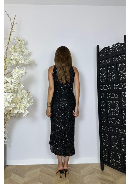 G1462 Halter Yaka Payet Abiye Elbise Siyah