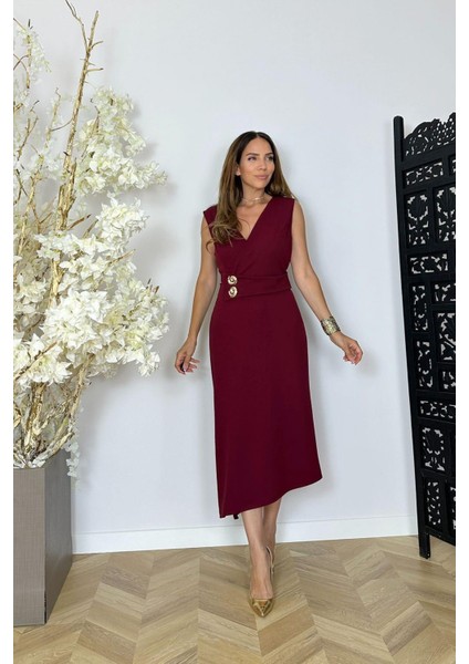 G1425 Kruvaze Yaka Düğme Detaylı Elbise Bordo indirimleri