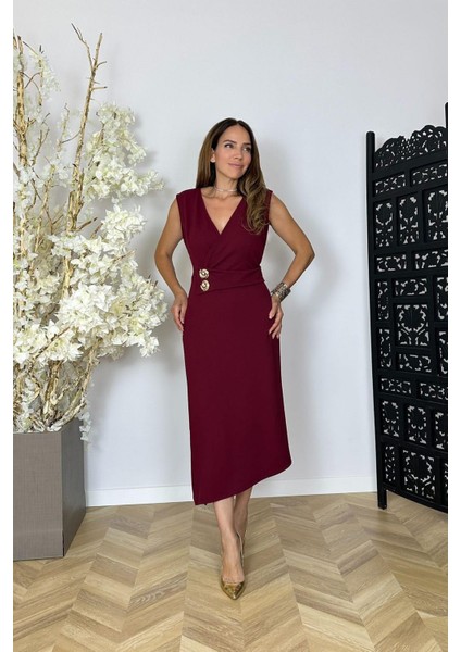 G1425 Kruvaze Yaka Düğme Detaylı Elbise Bordo