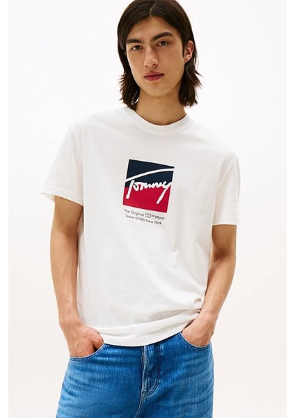 Erkek Signature Logo T-Shirt - Ekru