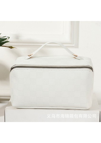 Yeni Şahmat Tahtası Desenli Beyaz Büyük Kapasiteli Su Geçirmez Kozmetik Çantası (Yurt Dışından)