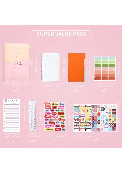 A6 YMX-012 Pu Deri Bütçeli Bağlayıcı Defter Macaron Rengi (Haki+Pembe) (Yurt Dışından)
