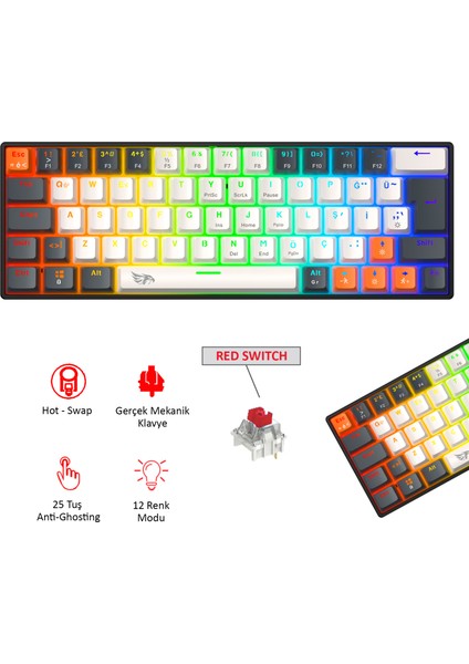Neopulse Oyuncu Klavyesi Mekanik Klavye Gaming Klavye Red Switch Rainbow 63 Tuşlu Gasket Klavye Mini 12MOD Beyaz