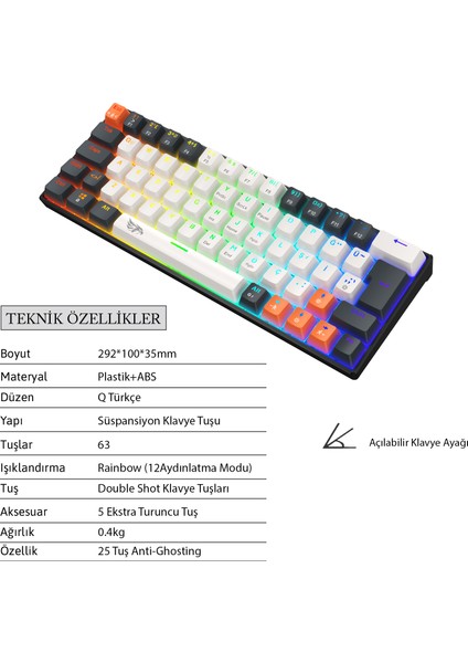 Neopulse Oyuncu Klavyesi Mekanik Klavye Gaming Klavye Red Switch Rainbow 63 Tuşlu Gasket Klavye Mini 12MOD Beyaz