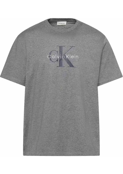 Erkek Logolu Basic Bisiklet Yaka T-Shirt - Gri