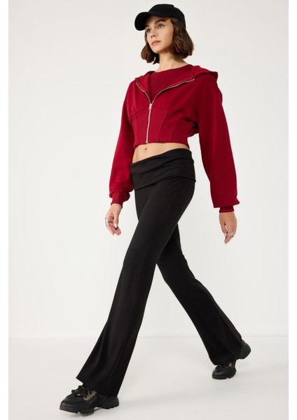 Beli Katlanır Lastikli Flare Yoga Pantolonu Katlanmış Belli Tayt