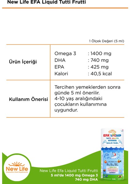 New Life Efa Liquid Tutti Frutti Balık Yağı Şurubu 150 ml 2 Adet fiyatları