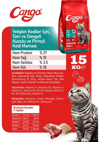 Kuzu Etli & Pirinçli Yetişkin Kedi Maması 15 kg modelleri