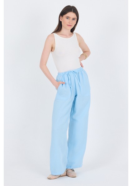 Bebe Mavi Keten Görünümlü %100 Pamuk Cepli Bol Paça Pantolon 8054A
