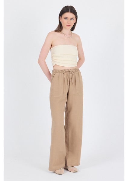 Vizon Keten Görünümlü %100 Pamuk Cepli Bol Paça Pantolon 8054A