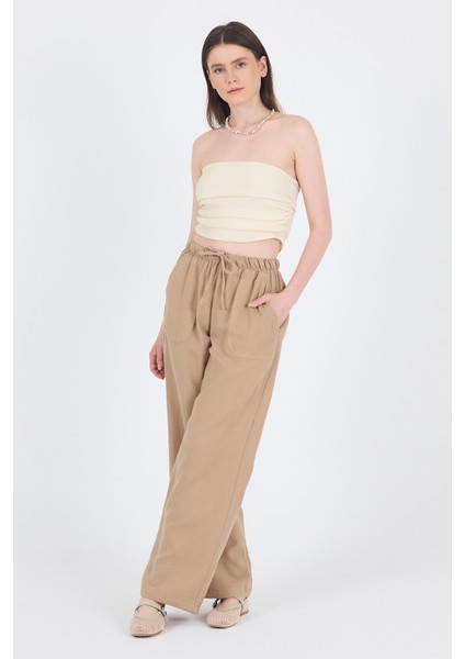 Vizon Keten Görünümlü %100 Pamuk Cepli Bol Paça Pantolon 8054A fiyatları