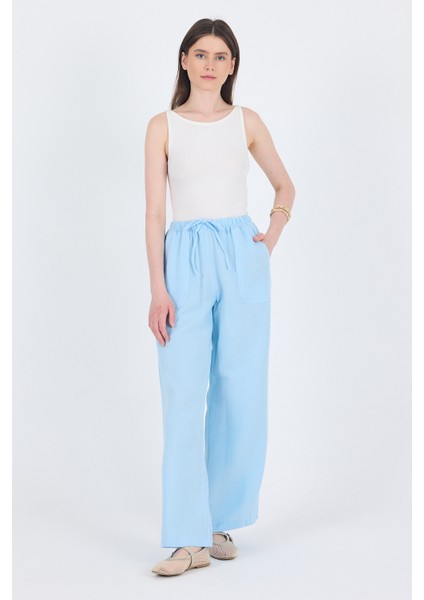 Bebe Mavi Keten Görünümlü %100 Pamuk Cepli Bol Paça Pantolon 8054A modelleri