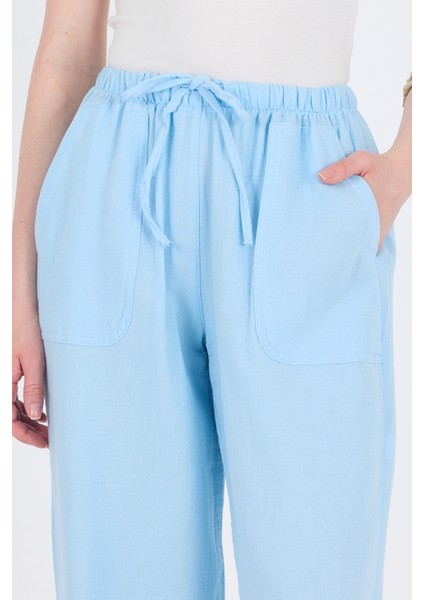 Bebe Mavi Keten Görünümlü %100 Pamuk Cepli Bol Paça Pantolon 8054A fırsatları