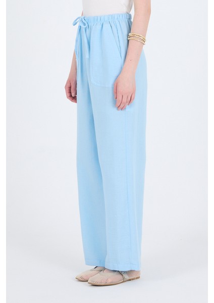 Bebe Mavi Keten Görünümlü %100 Pamuk Cepli Bol Paça Pantolon 8054A indirimleri