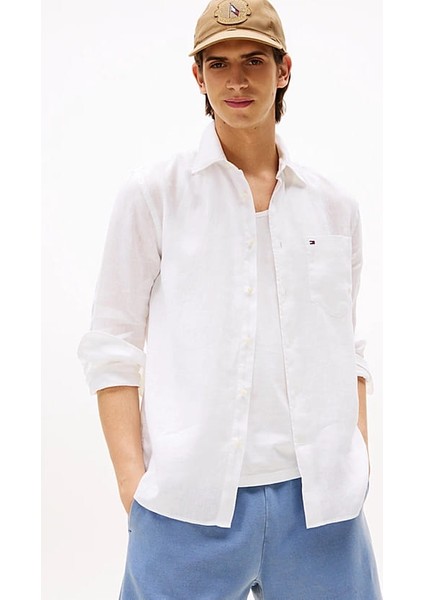 Erkek Th Piece Dye Linen Regular Fit Gömlek - Beyaz