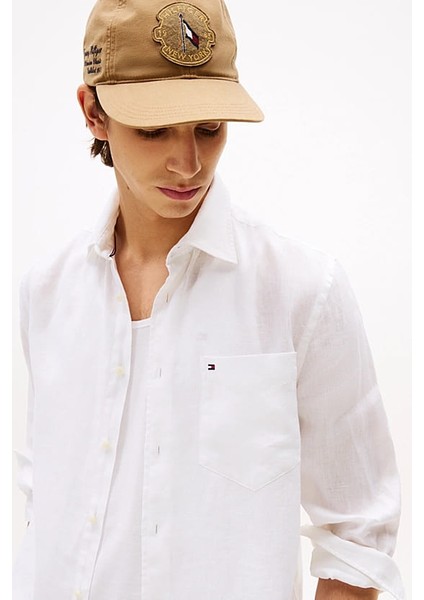 Erkek Th Piece Dye Linen Regular Fit Gömlek - Beyaz