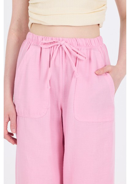 Pembe Keten Görünümlü %100 Pamuk Cepli Bol Paça Pantolon 8054A fırsatları