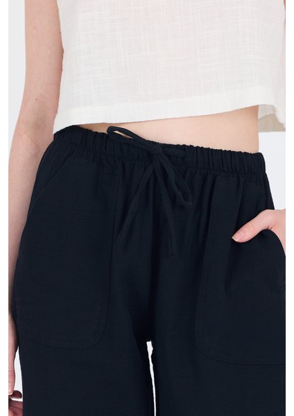 Siyah Keten Görünümlü %100 Pamuk Cepli Bol Paça Pantolon 8054A fırsatları