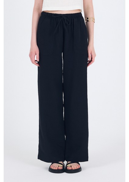 Siyah Keten Görünümlü %100 Pamuk Cepli Bol Paça Pantolon 8054A indirimleri