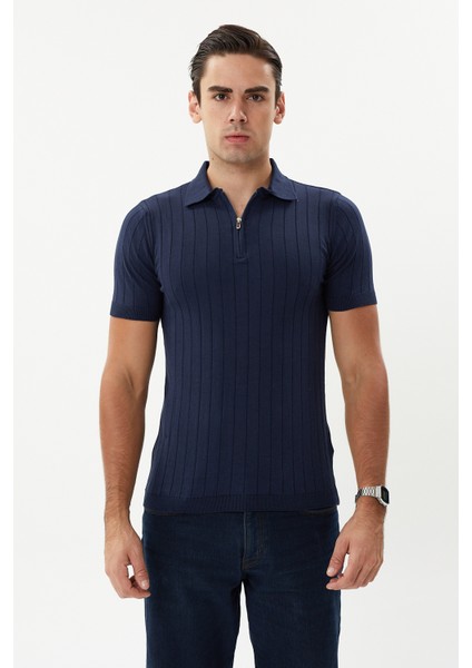 Erkek Lacivert Pamuk Yarım Fermuarlı Polo Triko Tişört