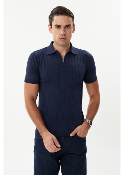 Erkek Lacivert Pamuk Yarım Fermuarlı Polo Triko Tişört fiyatları