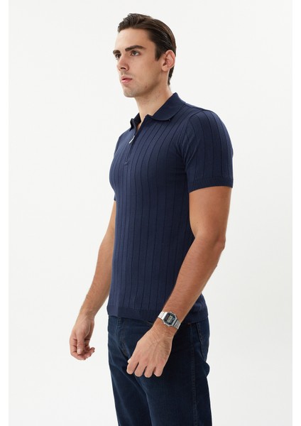 Erkek Lacivert Pamuk Yarım Fermuarlı Polo Triko Tişört modelleri