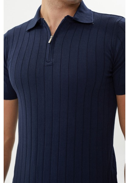 Erkek Lacivert Pamuk Yarım Fermuarlı Polo Triko Tişört fırsatları