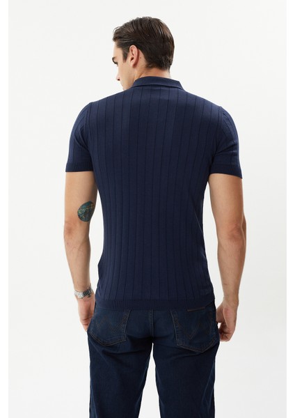 Erkek Lacivert Pamuk Yarım Fermuarlı Polo Triko Tişört indirimleri