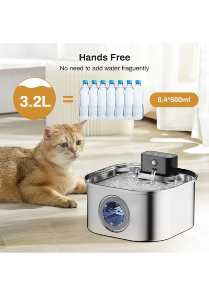 3.2l Paslanmaz Çelik Kablosuz Evcil Hayvan Su Çeşmesi Güçlendirilmiş Hareket Sensörü Sessiz Filtreli Kedi ve Köpek (Yurt Dışından)