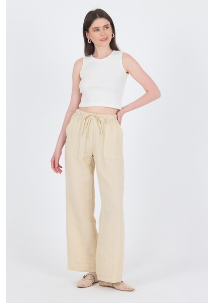 Taş Keten Görünümlü %100 Pamuk Cepli Bol Paça Pantolon 8054A fiyatları