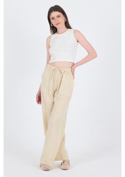 Taş Keten Görünümlü %100 Pamuk Cepli Bol Paça Pantolon 8054A modelleri