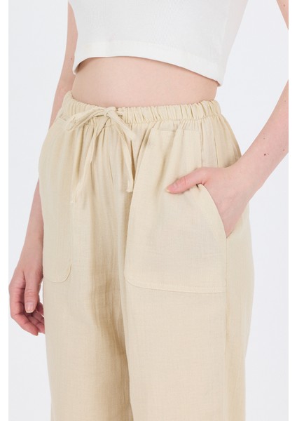 Taş Keten Görünümlü %100 Pamuk Cepli Bol Paça Pantolon 8054A fırsatları