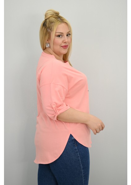 Kadın Büyük Beden Kısa Kollu Taş Detaylı Ayı Baskılı Oversize T-Shirt 1926-25