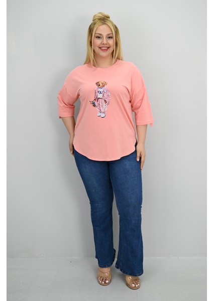Kadın Büyük Beden Kısa Kollu Taş Detaylı Ayı Baskılı Oversize T-Shirt 1926-25 fiyatları