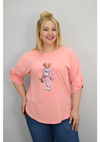 Kadın Büyük Beden Kısa Kollu Taş Detaylı Ayı Baskılı Oversize T-Shirt 1926-25 indirimleri