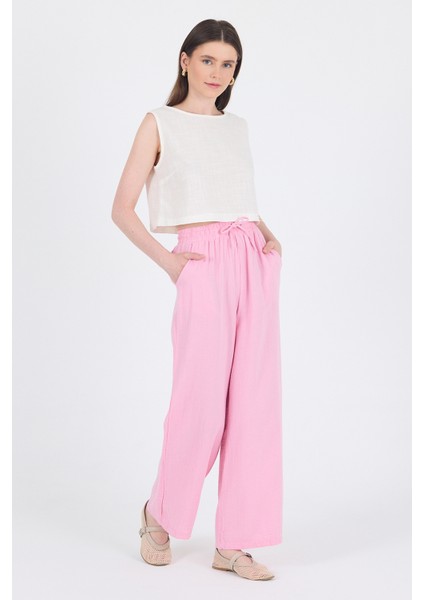 Pembe %100 Pamuk Müslin Palazzo/bol Paça Pantolon 8056A