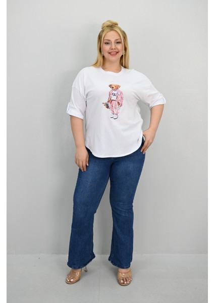 Kadın Büyük Beden Kısa Kollu Taş Detaylı Ayı Baskılı Oversize T-Shirt 1926-25