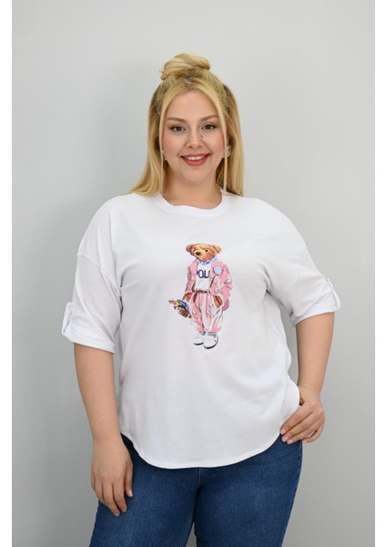 Kadın Büyük Beden Kısa Kollu Taş Detaylı Ayı Baskılı Oversize T-Shirt 1926-25 fiyatları