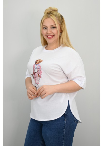 Kadın Büyük Beden Kısa Kollu Taş Detaylı Ayı Baskılı Oversize T-Shirt 1926-25 modelleri