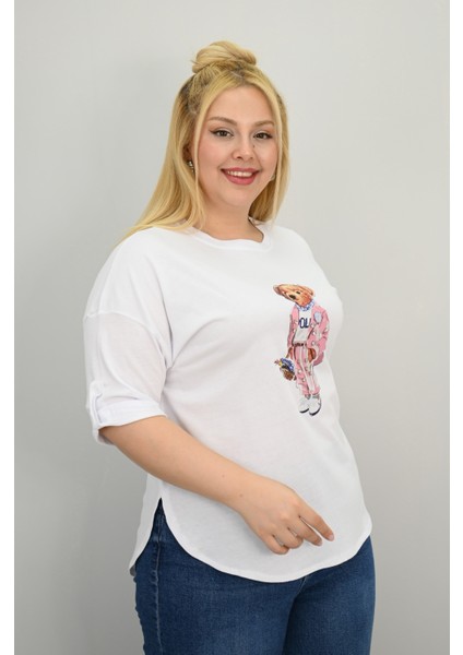 Kadın Büyük Beden Kısa Kollu Taş Detaylı Ayı Baskılı Oversize T-Shirt 1926-25 fırsatları