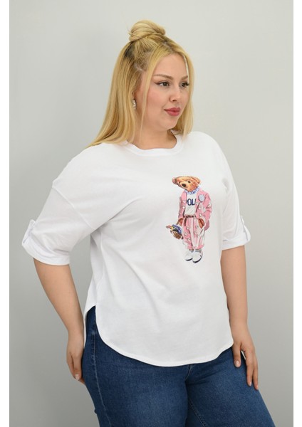 Kadın Büyük Beden Kısa Kollu Taş Detaylı Ayı Baskılı Oversize T-Shirt 1926-25 indirimleri