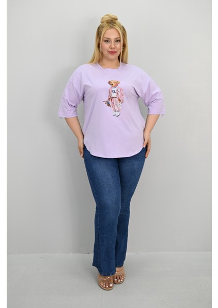 Kadın Büyük Beden Kısa Kollu Taş Detaylı Ayı Baskılı Oversize T-Shirt 1926-25