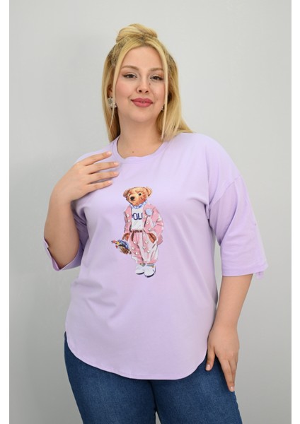 Kadın Büyük Beden Kısa Kollu Taş Detaylı Ayı Baskılı Oversize T-Shirt 1926-25 indirimleri