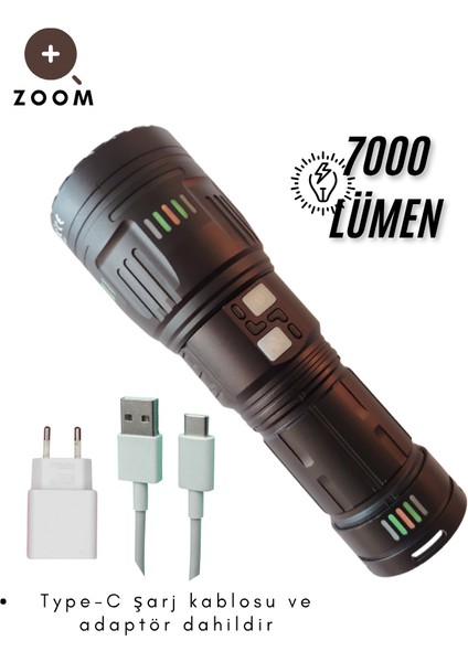 Q-Max Profesyonel Şarjlı El Feneri 7000 Lümen 70W | Zoom Odaklı, 1000M Aydınlatma, Type-C + 4 Pil fiyatları