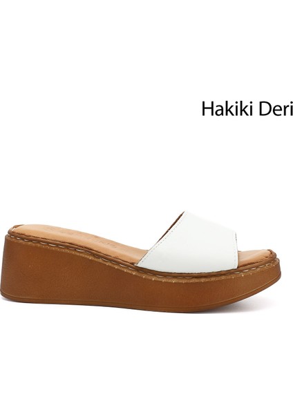 Kadın Beyaz Dolgu Taban Hakiki Deri Terlik