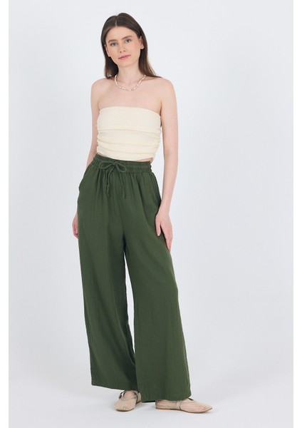 Haki %100 Pamuk Müslin Palazzo/bol Paça Pantolon 8056A