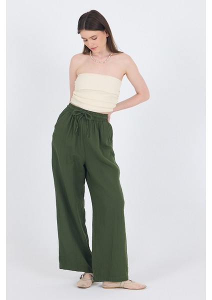 Haki %100 Pamuk Müslin Palazzo/bol Paça Pantolon 8056A modelleri